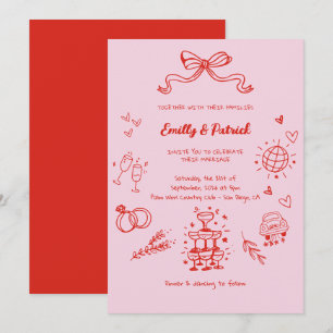 Invitation Mariage de doodle rétro rouge et rose
