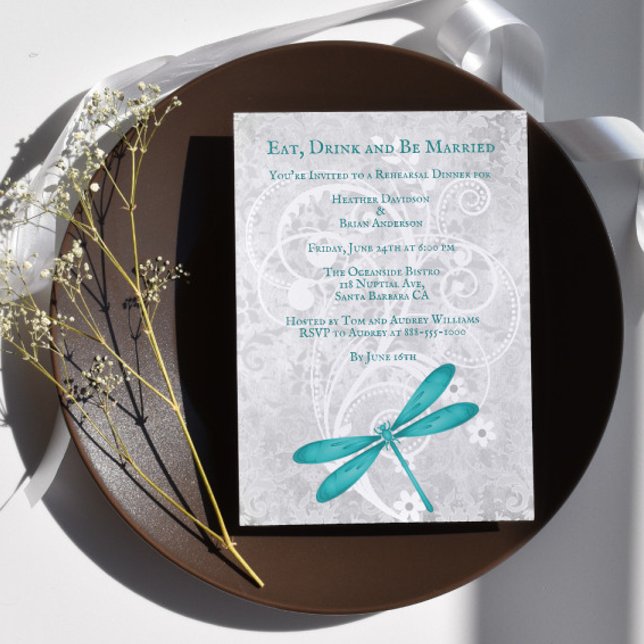 Invitation Mariage de dragonfly turquoise Dîner de répétition (Teal Dragonfly Wedding Rehearsal Dinner Invitation)