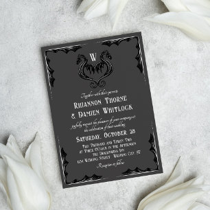 Invitation Mariage de fantaisie Monogramme Dragon Noir Gris