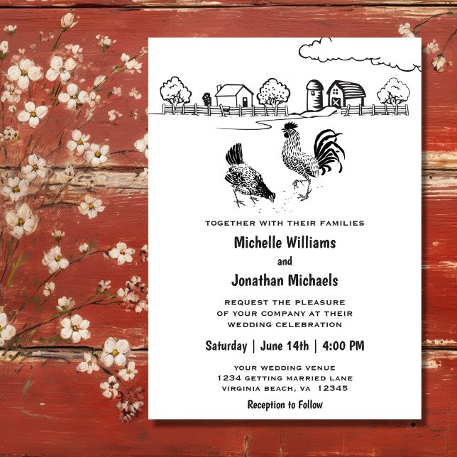 Invitation Mariage de ferme de charme de poulet de poulet gri (Front - Rooster and Hen Chickens Charming Farm Wedding Invitation)