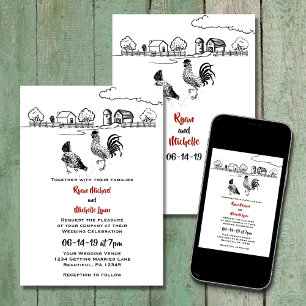 Invitation Mariage de ferme de poulet et poulets en amour