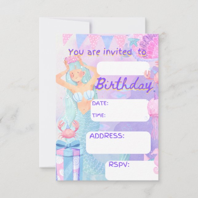 Invitation Mariage de fête de naissance, sirena fille de fête (Devant)