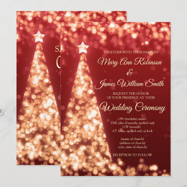 Invitation Mariage de Fêtes de Noël Rouge et Or Élégant (Devant / Derrière)