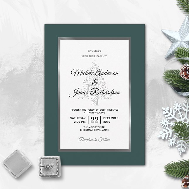 Invitation Mariage de fêtes élégant Émeraude Argent Hiver (Créateur téléchargé)