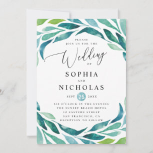 Invitation Mariage de feuillage botanique bleu vert aquarelle