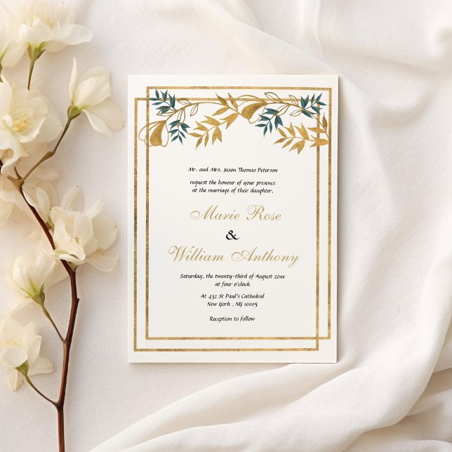 Invitation Mariage de feuillage cyan gris or blanc géométriqu (Geometric white gold grayish cyan foliage Wedding )