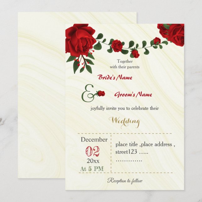 Invitation mariage de feuillage de fleurs rouges (Devant / Derrière)