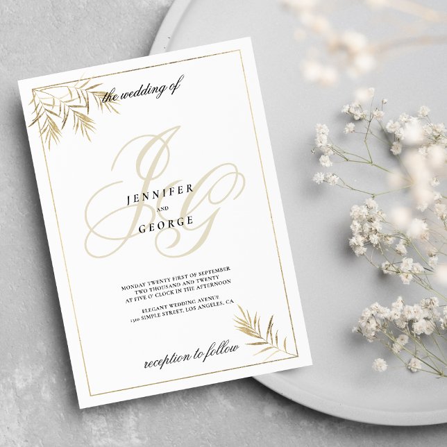 Invitation Mariage de feuillage du monogramme d'or blanc (White gold monogram initials foliage Wedding )
