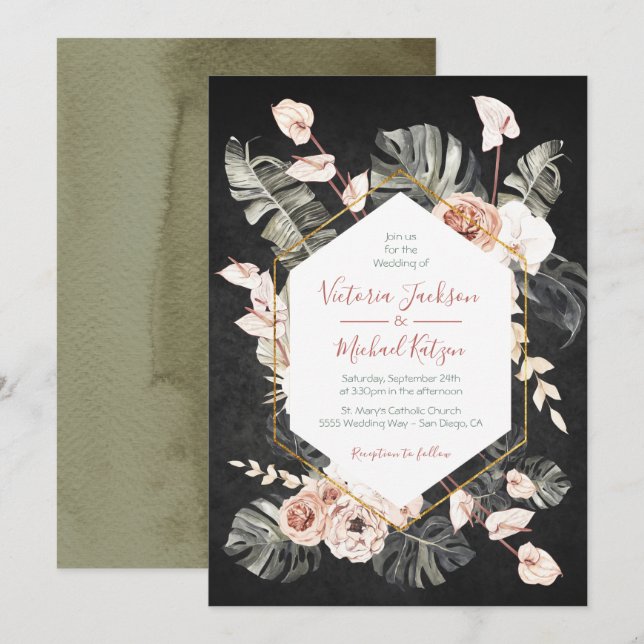 Invitation Mariage de feuillage en terre cuite et vert tropic (Devant / Derrière)