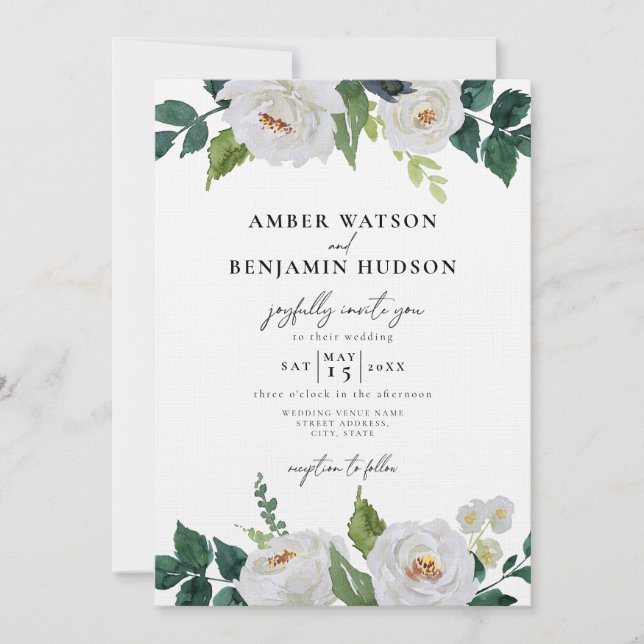 Invitation Mariage de feuillage floral Feuille blanc vert ivo (Devant)