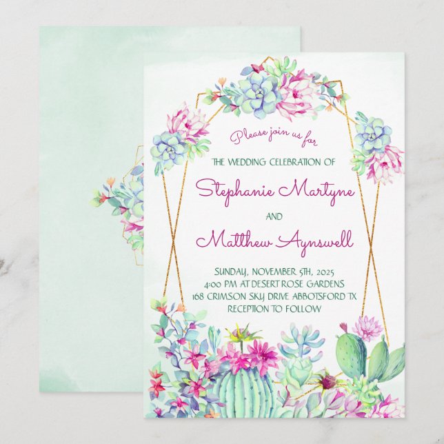Invitation Mariage de feuillage Succulent de Cactus géométriq (Devant / Derrière)