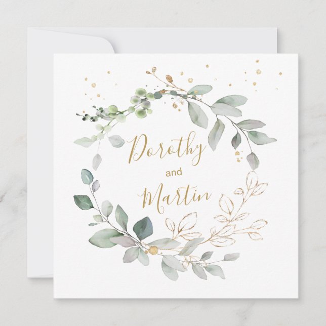 Invitation Mariage de feuillage vert et or (Devant)