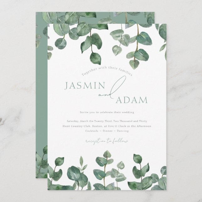 Invitation Mariage de feuillage vert Feuille Sage Eucalyptus (Devant / Derrière)