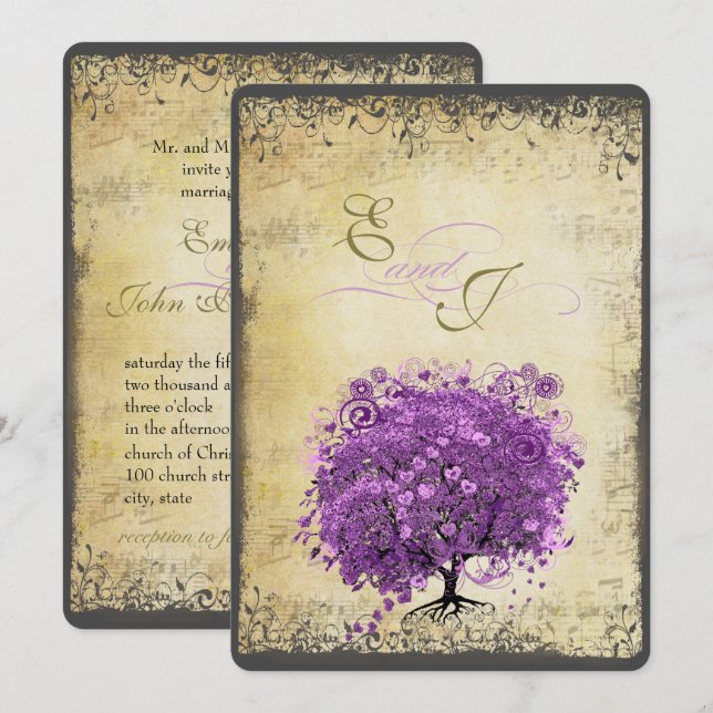 Invitation Mariage de feuille d'arbre de coeur violet radiant (Devant / Derrière)