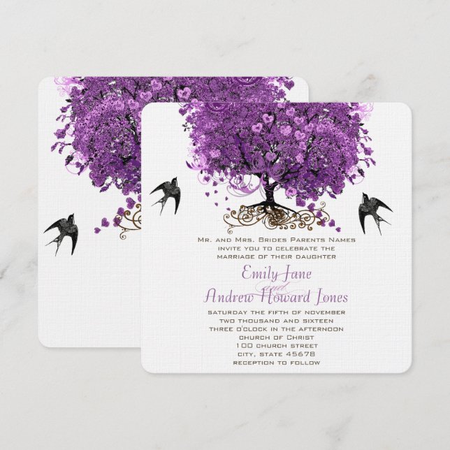 Invitation Mariage de feuille d'arbre de coeur violet radiant (Devant / Derrière)