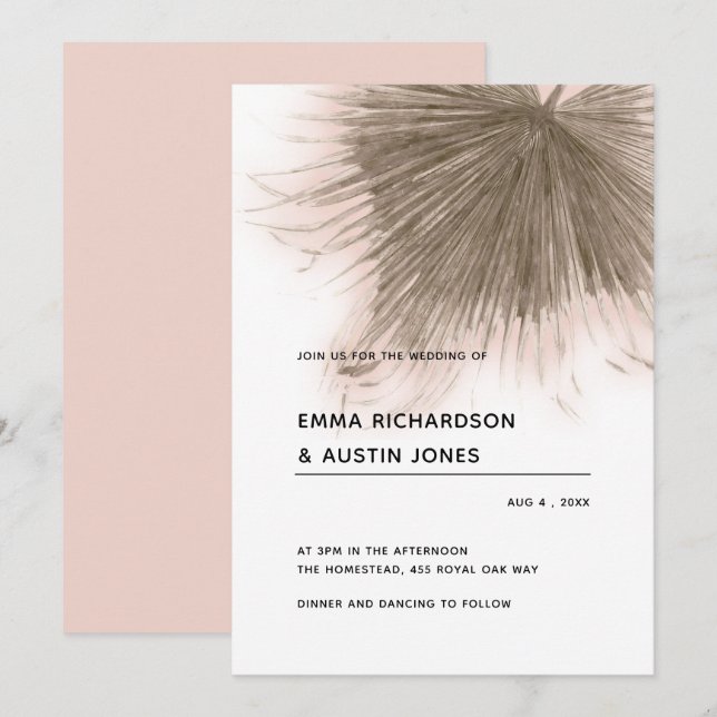 Invitation Mariage de feuille de palme rose tropicale minimal (Devant / Derrière)