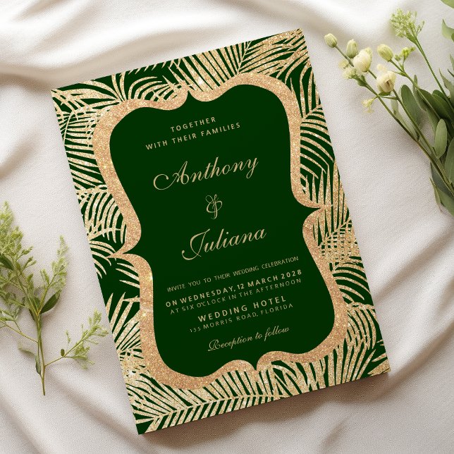 Invitation Mariage de feuille de palmier de parties scintilla (Forest green gold glitter palm tree leaf Wedding )