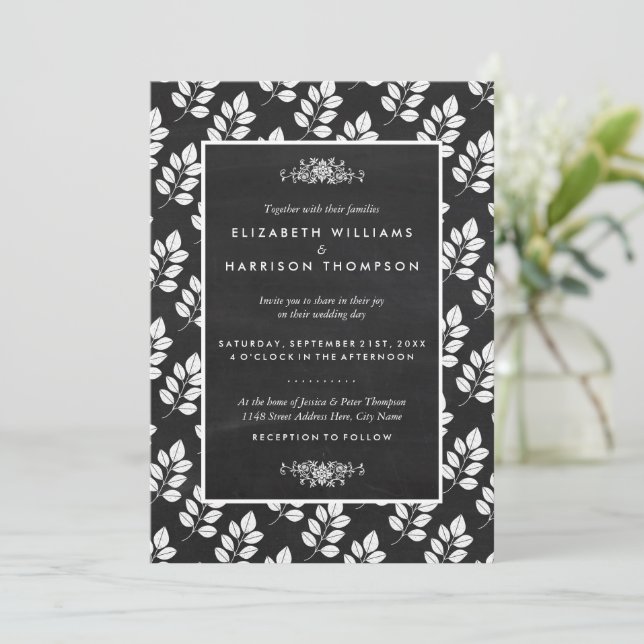 Invitation Mariage de feuille florale de tableau noir (Debout devant)