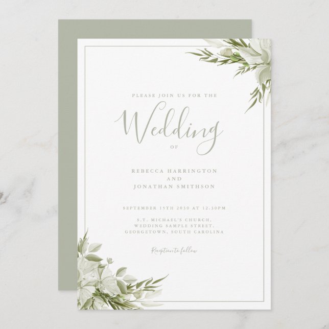Invitation Mariage de feuille verte de taille minimale (Devant / Derrière)