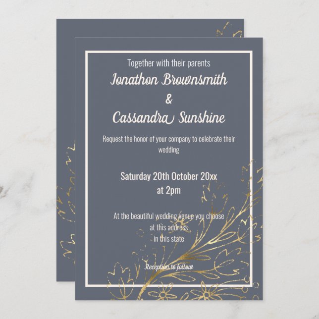 Invitation Mariage DE FEUILLES BLEUSES D'OR DE LA MARINE (Devant / Derrière)