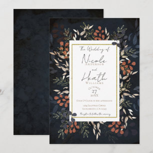 Invitation Mariage de feuilles botaniques or bleu maussade 