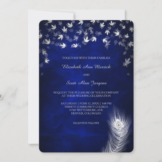 Invitation Mariage de feuilles et de plumes en chute d'argent (Devant)