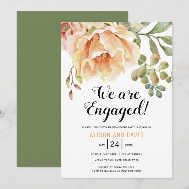 Invitation Mariage de fiançailles florales à l'aquarelle (Devant / Derrière)