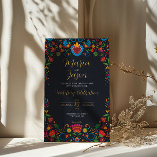 Invitation Mariage de Fiesta coloré Otomi noir mexicain
