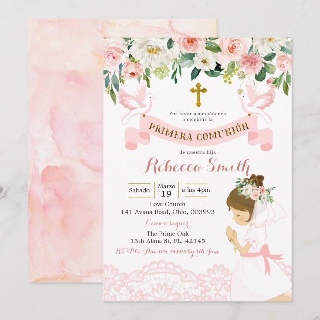 Invitation Mariage de fille espagnole Pink et Gold Primera (Devant / Derrière)