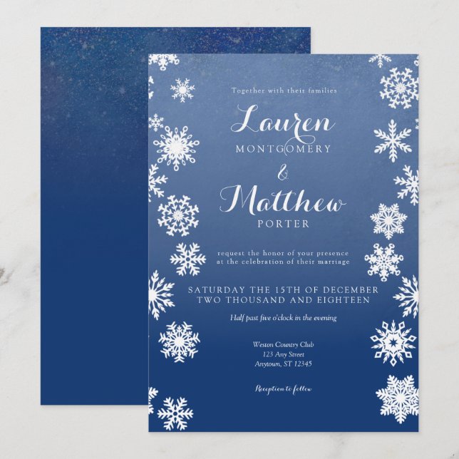 Invitation Mariage de flétan de neige blanc et marine (Devant / Derrière)