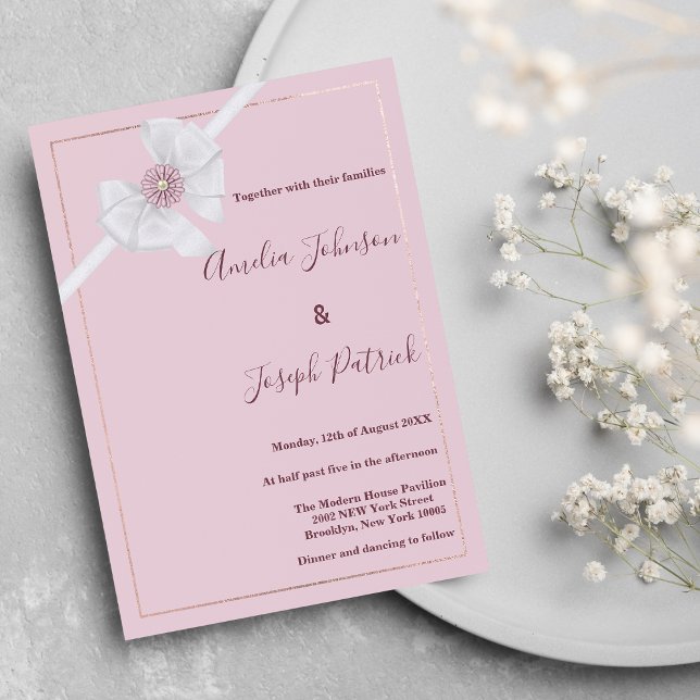 Invitation Mariage de fleur arc de soie rose pâle (Blush pink white silk bow flower wedding)