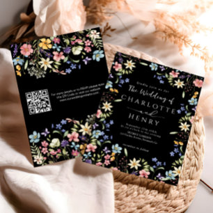 Invitation Mariage de Fleur sauvage de code QR moderne noir