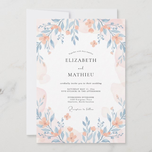 Invitation Mariage de Fleur Sauvage Fantaisiste aux Pêches (Devant)