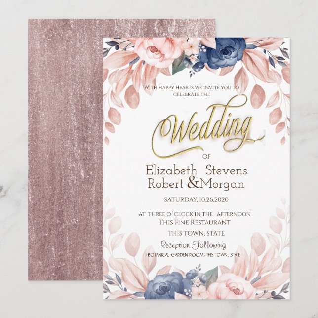 Invitation Mariage de fleurs bleu aquarelle (Devant / Derrière)