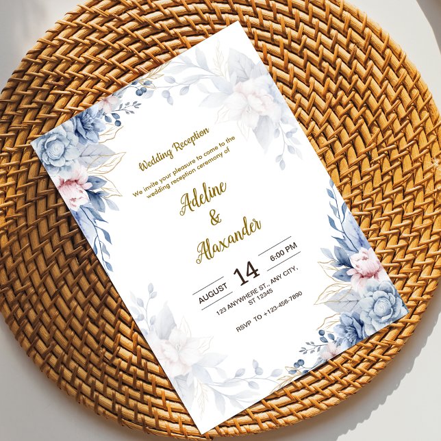 Invitation Mariage de fleurs bleu et or Réception (Créateur téléchargé)