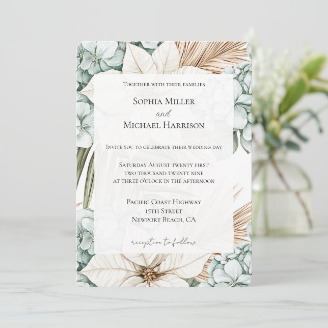 Invitation Mariage de fleurs bleu tropical (Debout devant)
