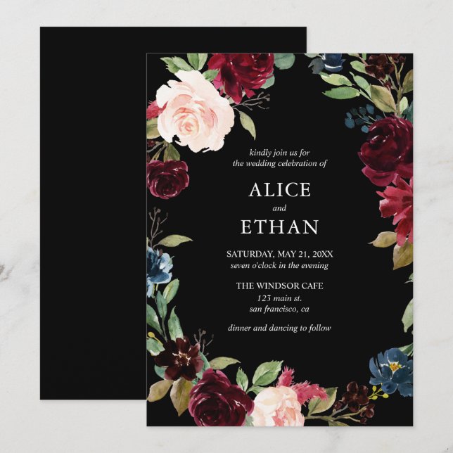 Invitation Mariage De Fleurs Bleues Bourgogne Et Marine (Devant / Derrière)
