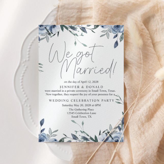 Invitation Mariage De Fleurs Bleues Dusty Juste Marié (Créateur téléchargé)