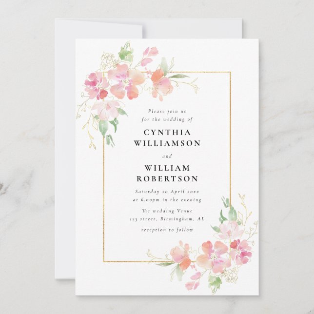 Invitation mariage de fleurs botaniques d'or et de rose (Devant)