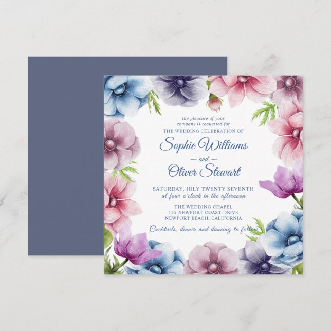 Invitation Mariage de fleurs d'anémone aquarelle (Devant / Derrière)