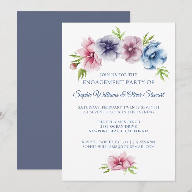 Invitation Mariage de fleurs d'anémone aquarelle | FIANÇAILLE (Devant / Derrière)