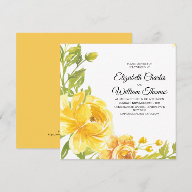 Invitation Mariage de fleurs d'aquarelle jaune moderne (Devant / Derrière)