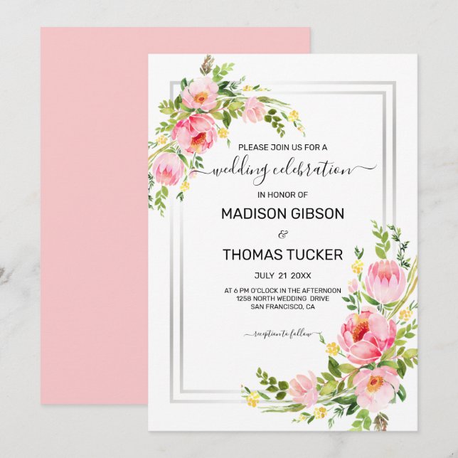 Invitation Mariage de fleurs d'aquarelle rose (Devant / Derrière)