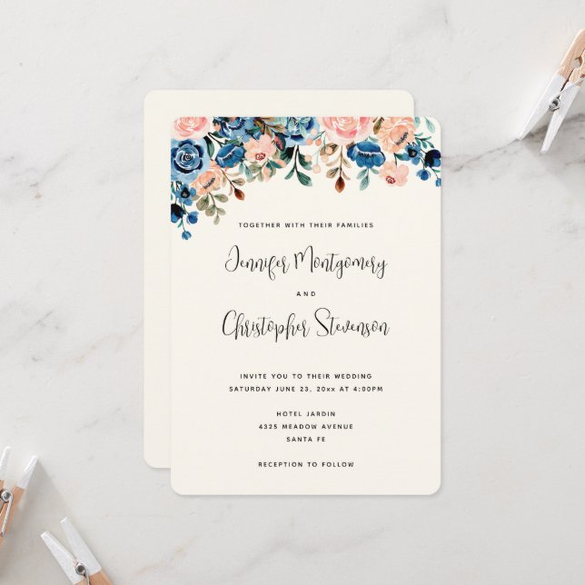 Invitation Mariage de fleurs d'aquarelle rose et bleu (Devant/Arrière en situation)