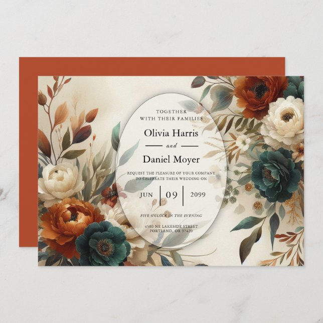 Invitation Mariage de fleurs d'automne orange et bleu brûlés (Devant / Derrière)