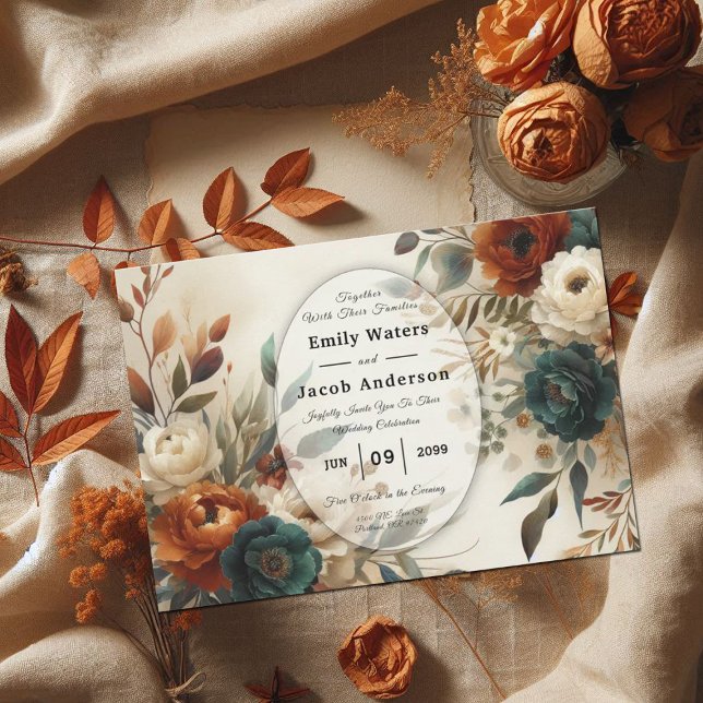 Invitation Mariage de fleurs d'automne orange et bleu brûlés (Créateur téléchargé)