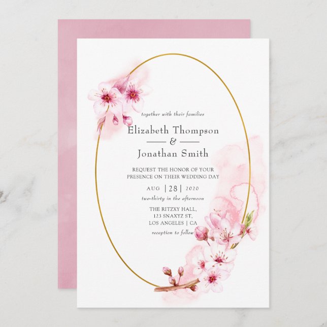 Invitation Mariage de fleurs de cerisier rose (Devant / Derrière)
