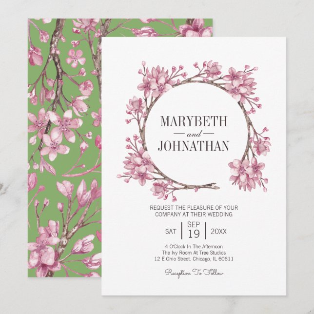 Invitation Mariage de fleurs de cerisier rose (Devant / Derrière)