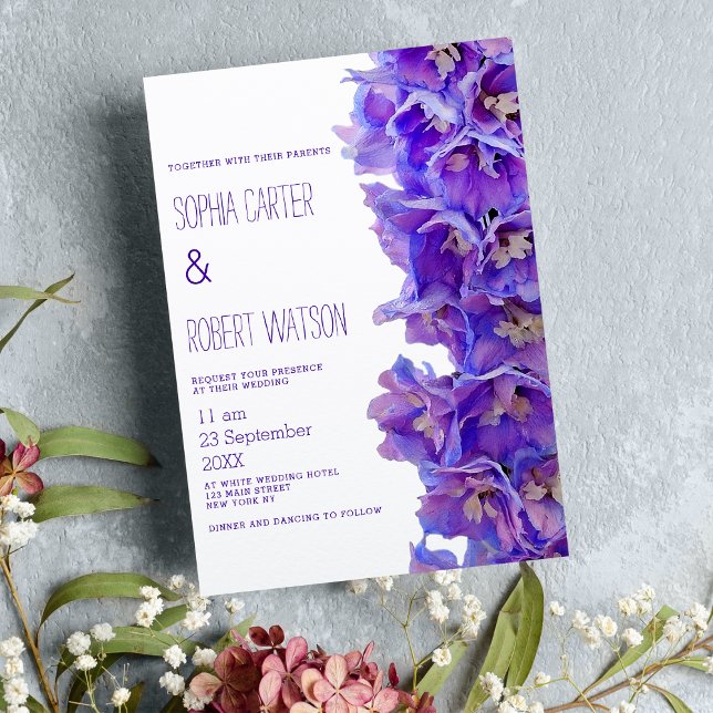Invitation Mariage de fleurs de delphinium de lavande violet (Country purple lavender delphinium flowers wedding)