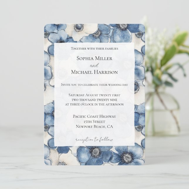 Invitation Mariage de fleurs de Denim bleu blanc (Debout devant)